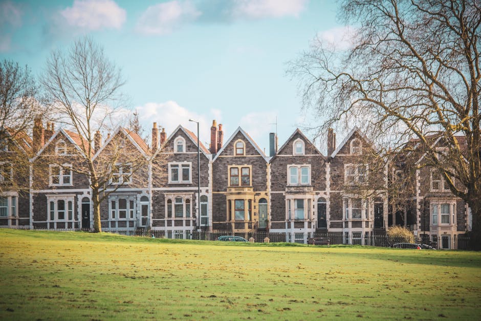A row of traditional terraced houses made of dark grey brick with white window and door frames, situated along a street with a grassy park area in the foreground. The houses feature peaked roofs with